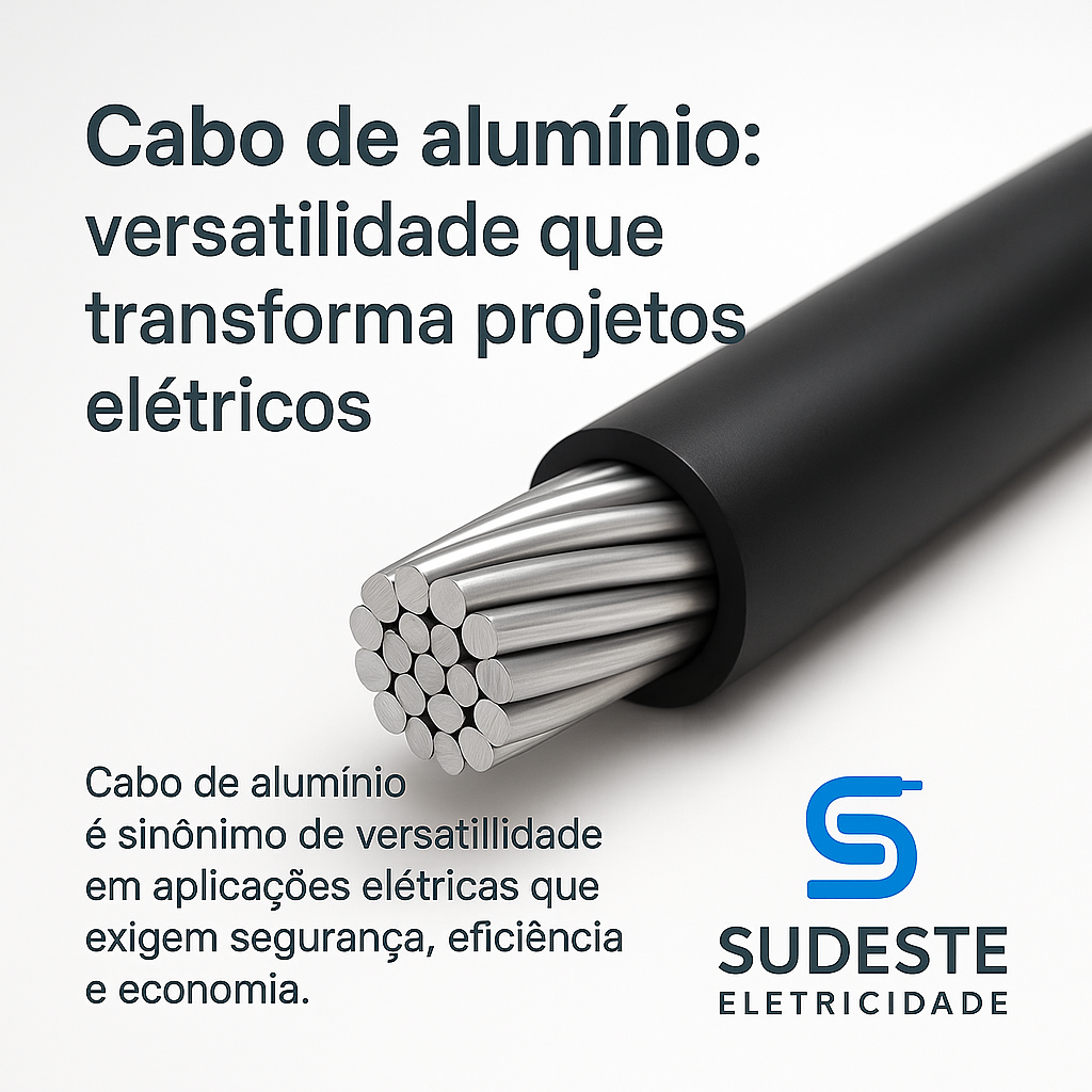 Imagem de um cabo de alumínio preto em destaque com a legenda “Cabo de alumínio: versatilidade que transforma projetos elétricos” e logotipo da Sudeste Eletricidade.