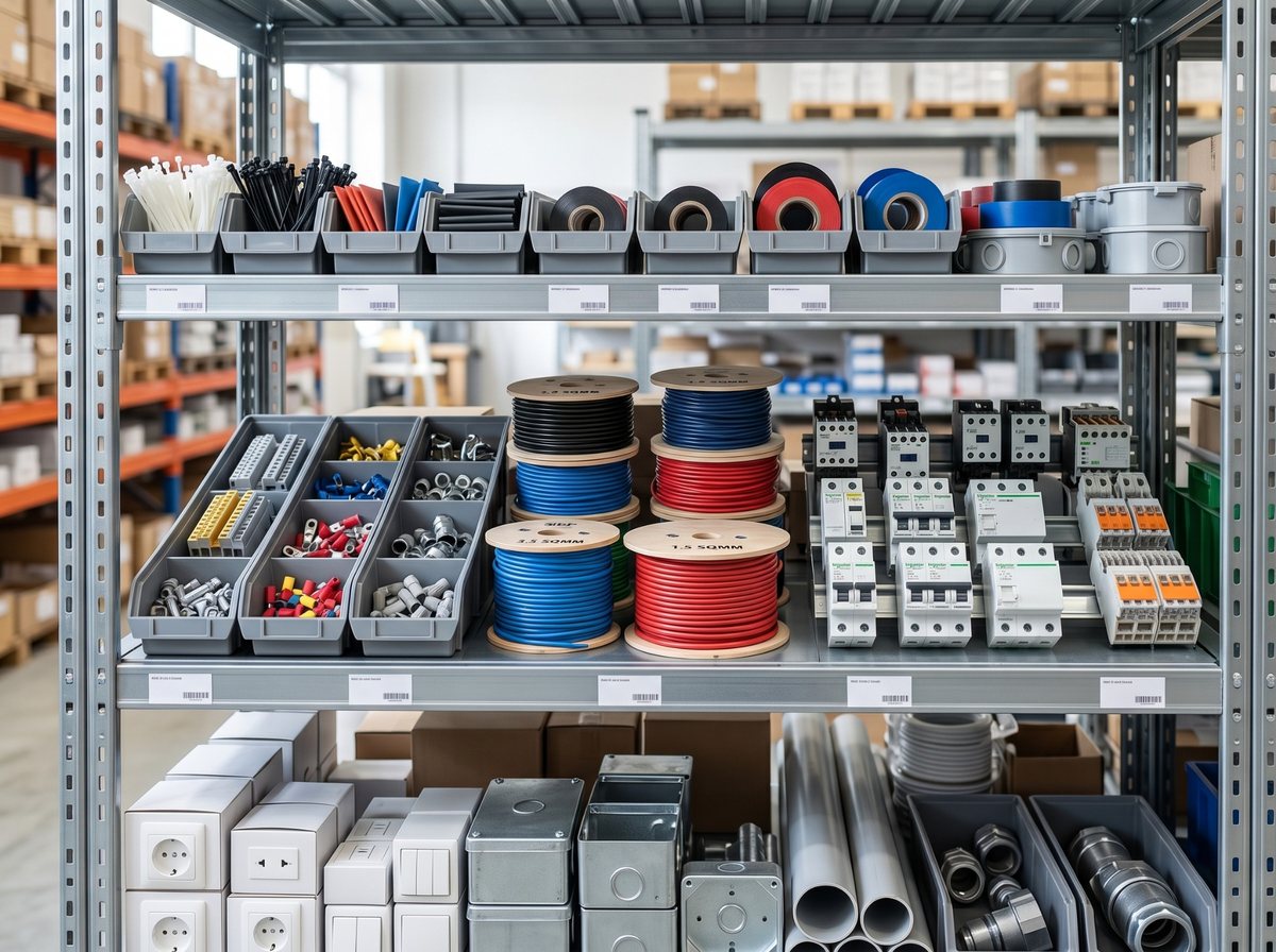 Materiais elétricos, conectores, terminais, componentes e acessórios