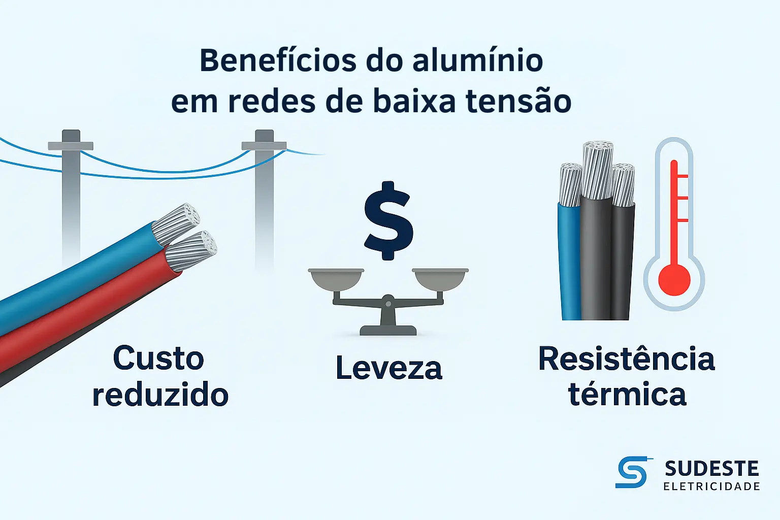 Infográfico explicando as vantagens do cabo de alumínio em redes de baixa tensão, incluindo leveza, economia e isolação térmica XLPE 90°C.