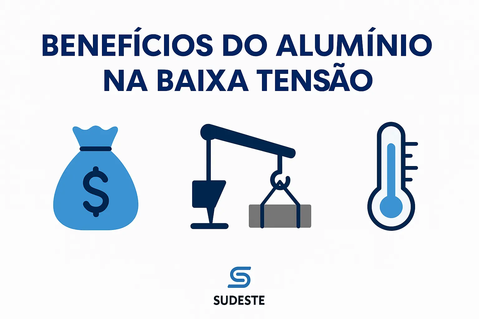 Ilustração com elementos visuais representando os benefícios do uso de cabo de alumínio na baixa tensão, incluindo economia, leveza, resistência térmica e conformidade normativa.