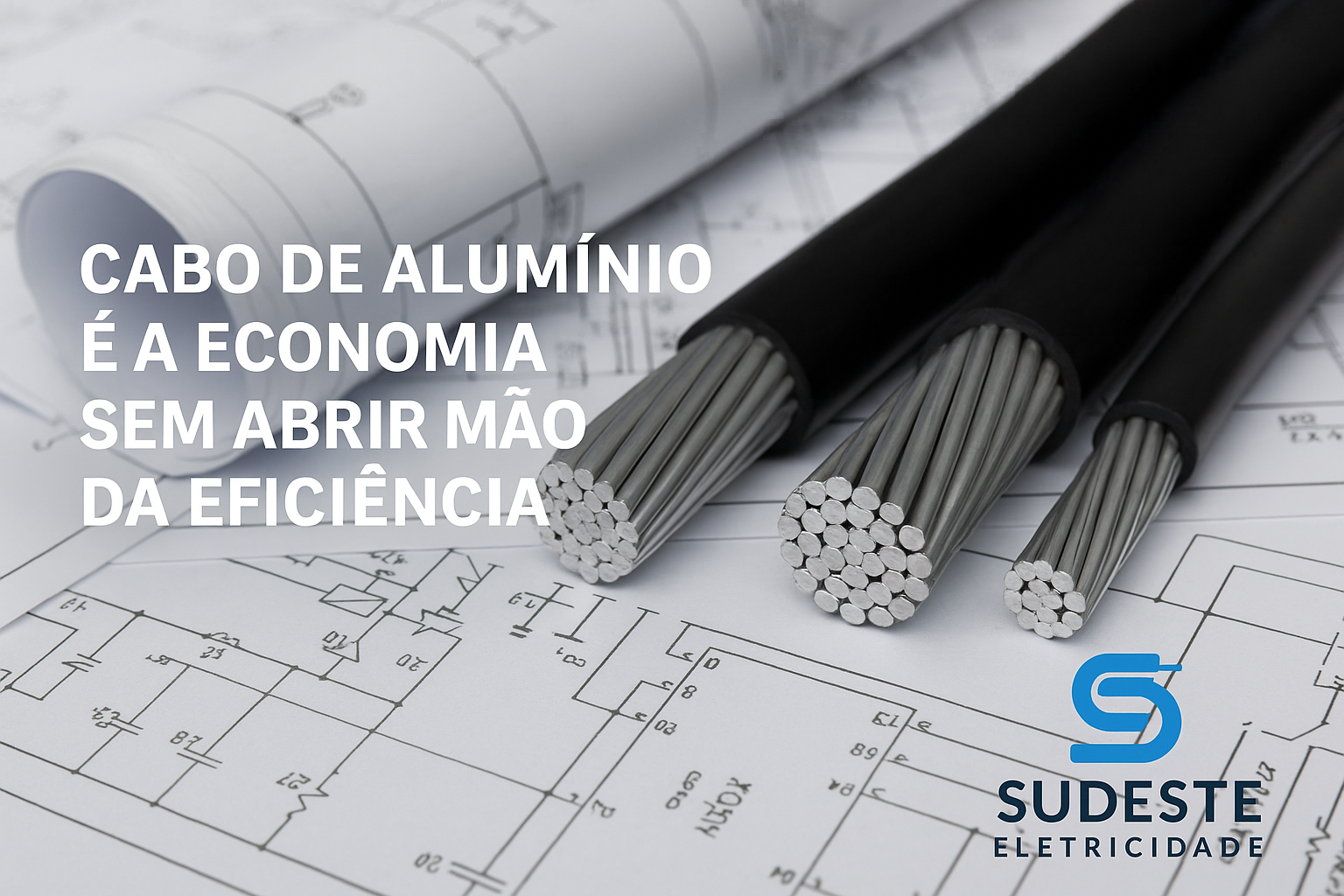 Imagem técnica ilustrativa com cabos de alumínio e o logotipo da Sudeste Eletricidade, representando economia, segurança e desempenho em instalações elétricas.