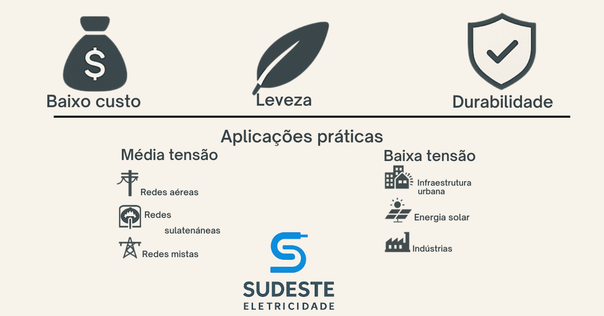 Infográfico com título “Por que cabo de alumínio se tornou uma escolha estratégica no setor elétrico?”, destacando benefícios e aplicações práticas.