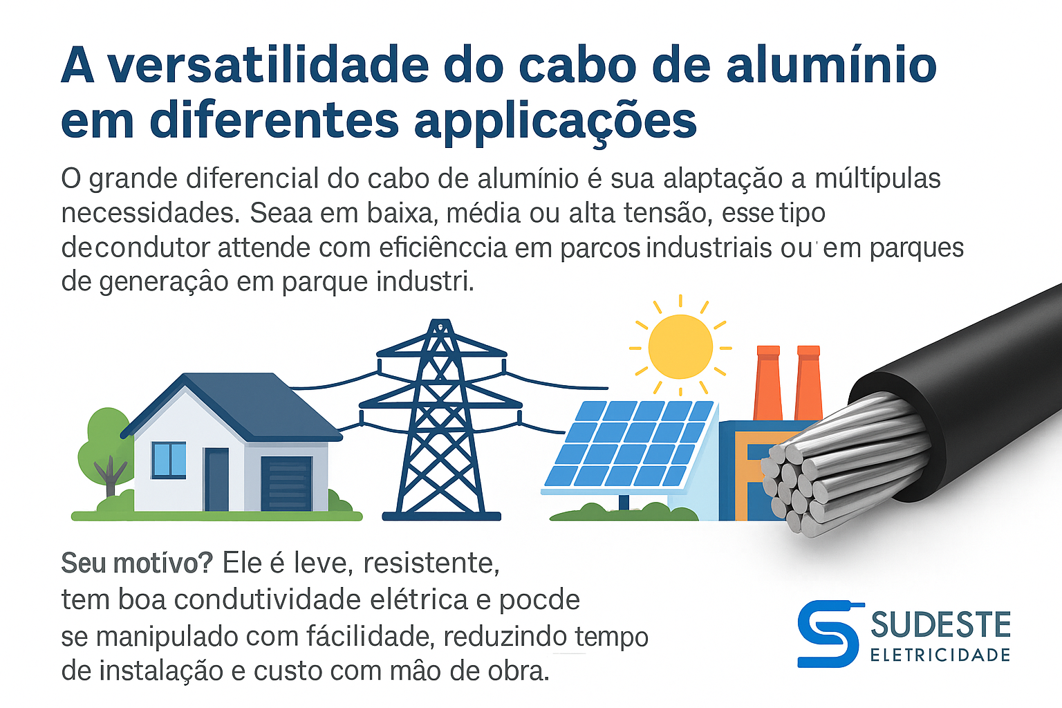Cabo de alumínio ilustrado com aplicações em casa, usina solar e indústria
