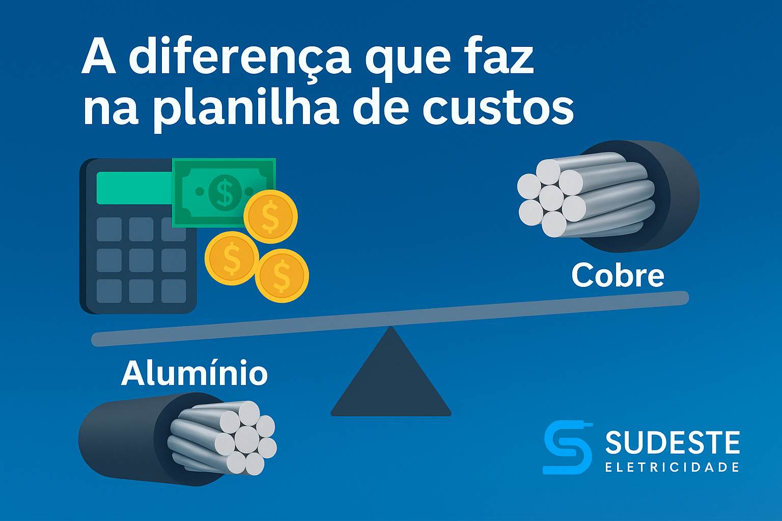 Infográfico ilustrando a diferença de custo entre cabo de alumínio e cabo de cobre com balança, moedas e logotipo da Sudeste Eletricidade