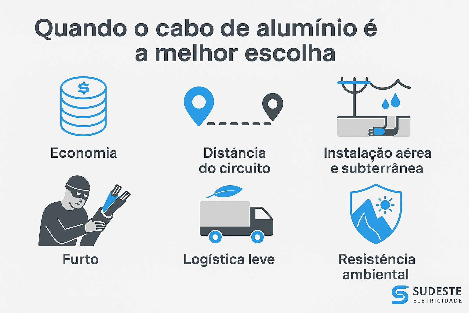 Infográfico com ícones representando os fatores que tornam o cabo de alumínio a melhor escolha em projetos elétricos.