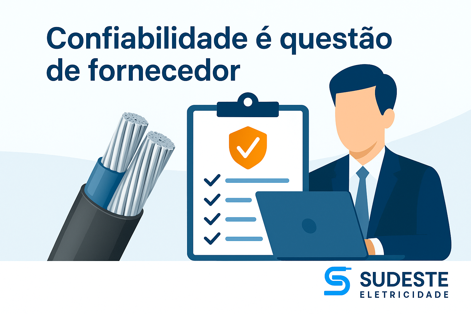 Infográfico com cabo de alumínio, checklist técnico e profissional representando a importância do fornecedor.