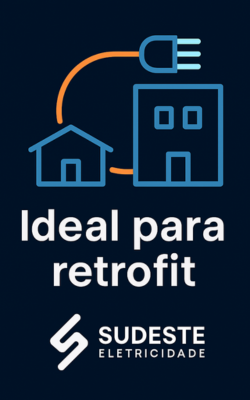 Ícone de retrofit conectando uma casa e um prédio com plugue elétrico, fundo azul-escuro