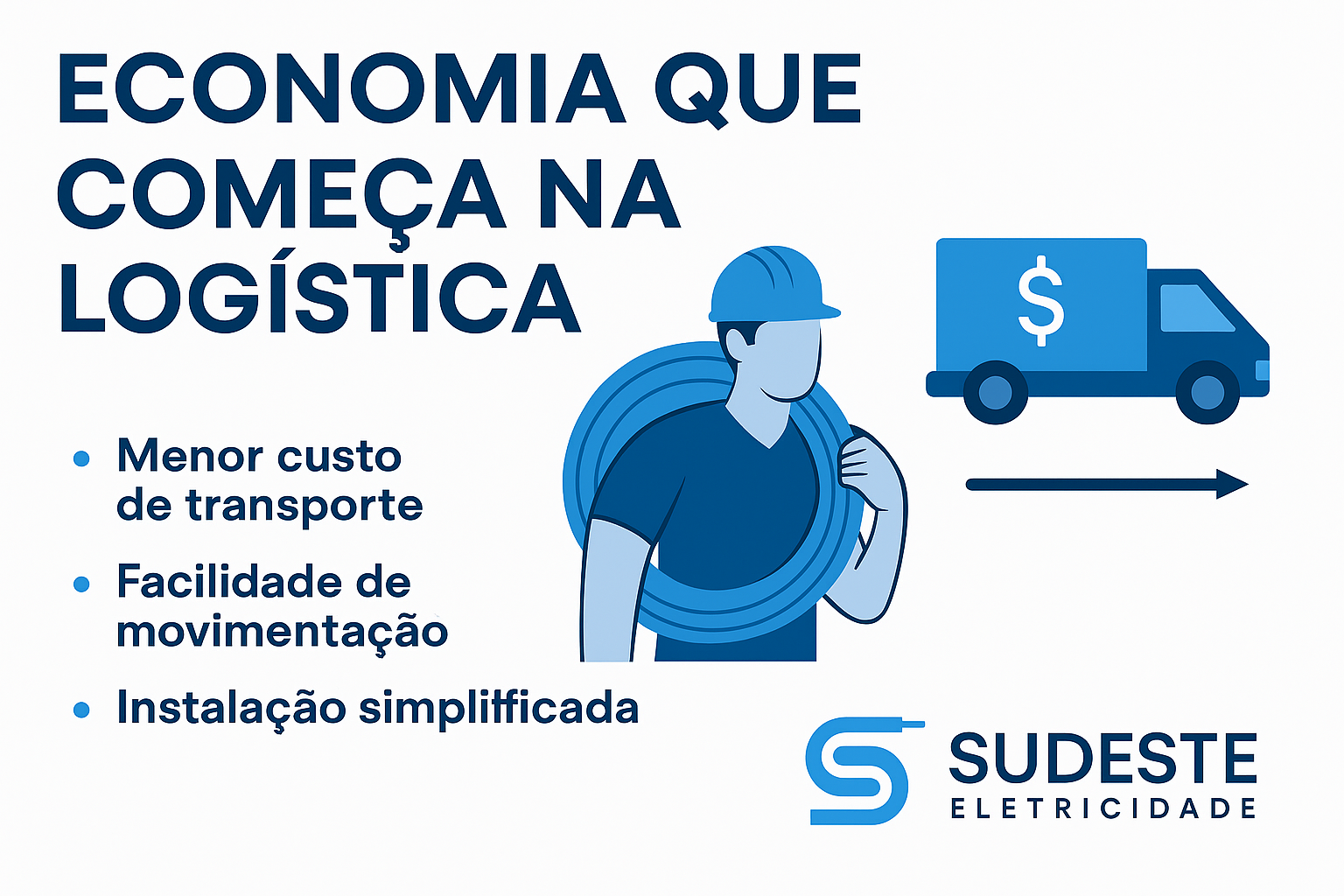 Trabalhador carregando cabo de alumínio ao lado de ícone de transporte, destacando economia logística