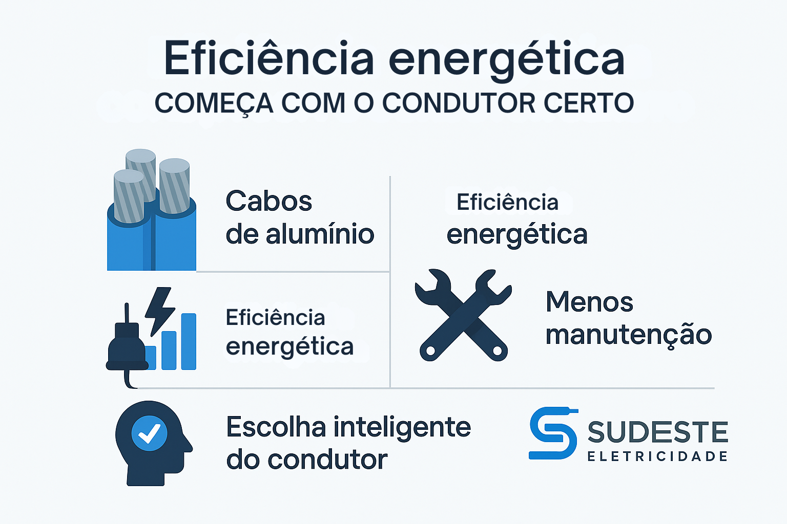 Infográfico mostrando que a escolha do cabo influencia diretamente a eficiência energética e a manutenção do sistema.