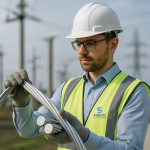 Engenheiro eletricista com EPI segurando cabos de alumínio com ponta exposta em subestação elétrica, destacando aplicação segura e técnica do material.