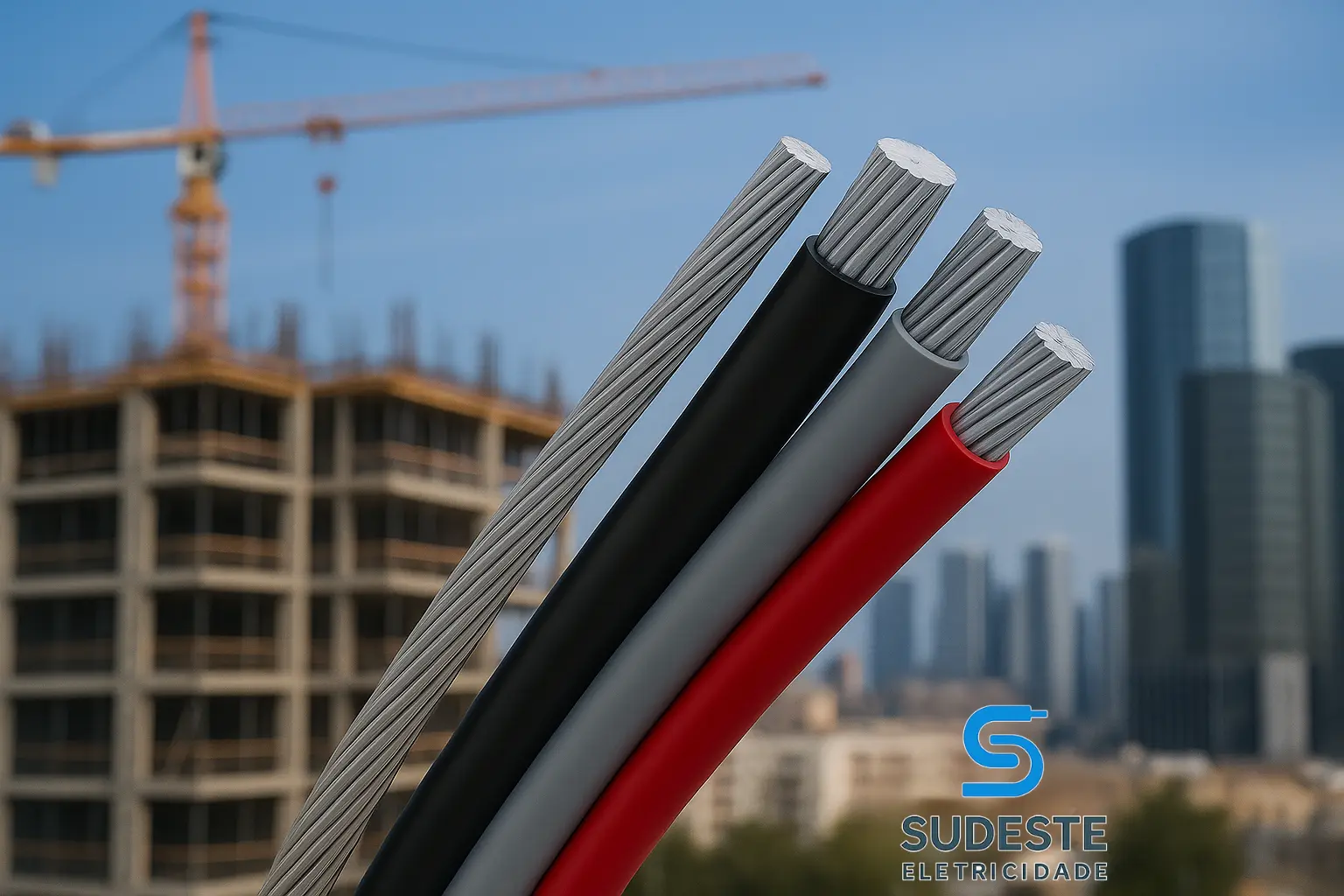 Fotografia de obra real com cabo de alumínio quadruplex instalado em rede aérea, com três condutores coloridos (preto, cinza, vermelho) e neutro nu, em destaque. Logo da Sudeste no canto inferior direito.
