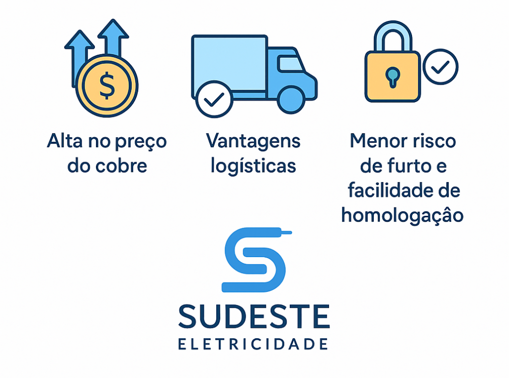 Infográfico com ícones que ilustram as vantagens do cabo de alumínio em relação ao cobre, acompanhado do logotipo da Sudeste Eletricidade.
