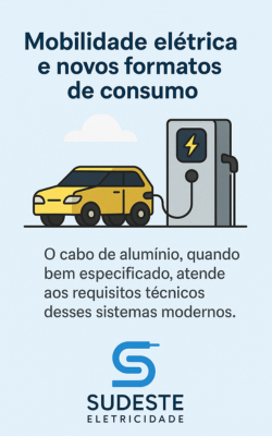 Carro elétrico sendo carregado em estação de recarga com mensagem sobre cabos de alumínio