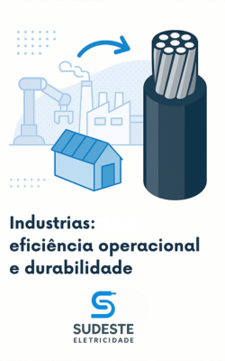 Ilustração de cabo de alumínio aplicado em cenário industrial com fábricas ao fundo