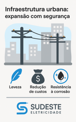 Ilustração de postes elétricos em área urbana com ícones de leveza, economia e resistência à corrosão