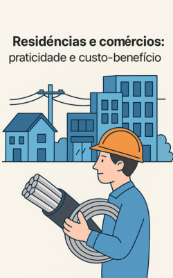 técnico segurando cabo de alumínio com fundo de casas e prédios comerciais