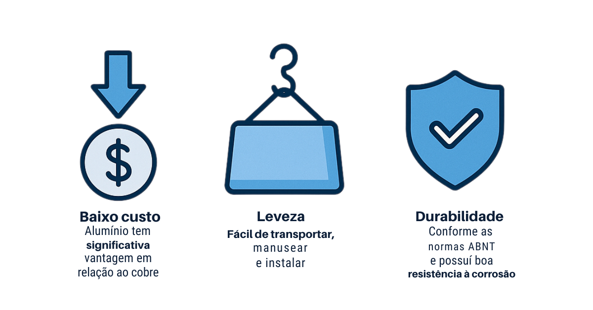 infográfico da Sudeste Eletricidade com ícones representando os benefícios do cabo de alumínio: baixo custo, leveza e durabilidade.
