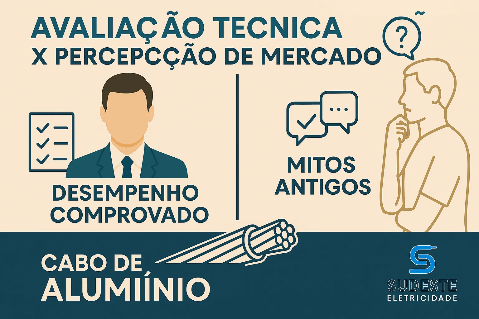 Infográfico sobre avaliação técnica versus percepção de mercado no uso do cabo de alumínio