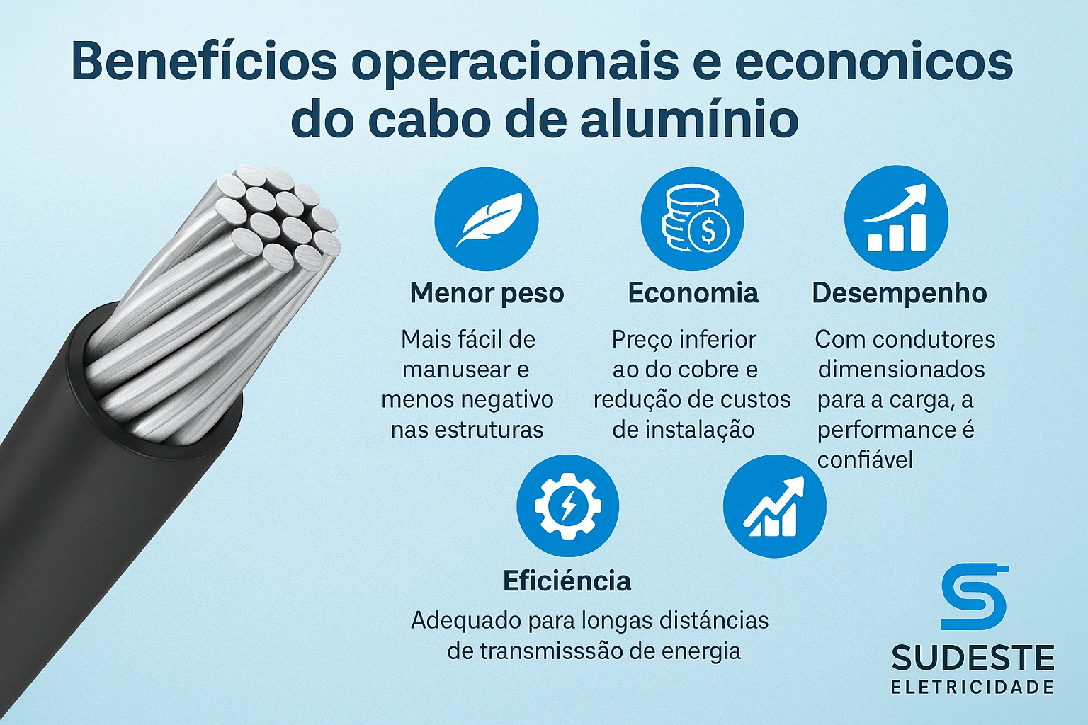 Infográfico com os benefícios operacionais e econômicos do cabo de alumínio
