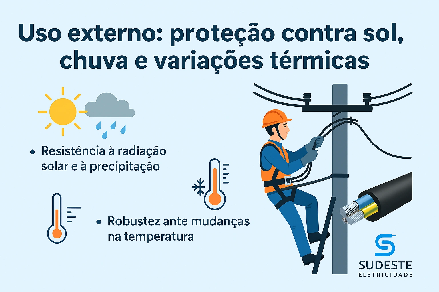 Infográfico destacando o uso de cabos de alumínio em ambientes externos