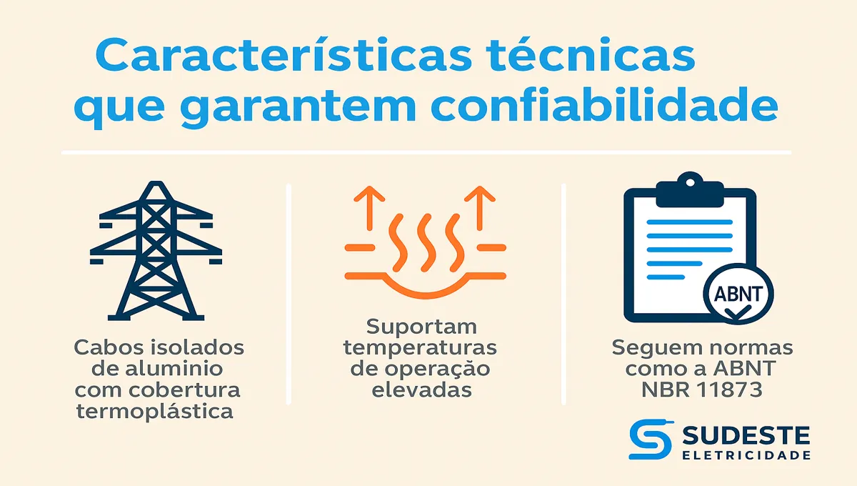 Infográfico sobre características técnicas que garantem confiabilidade nos cabos de alumínio