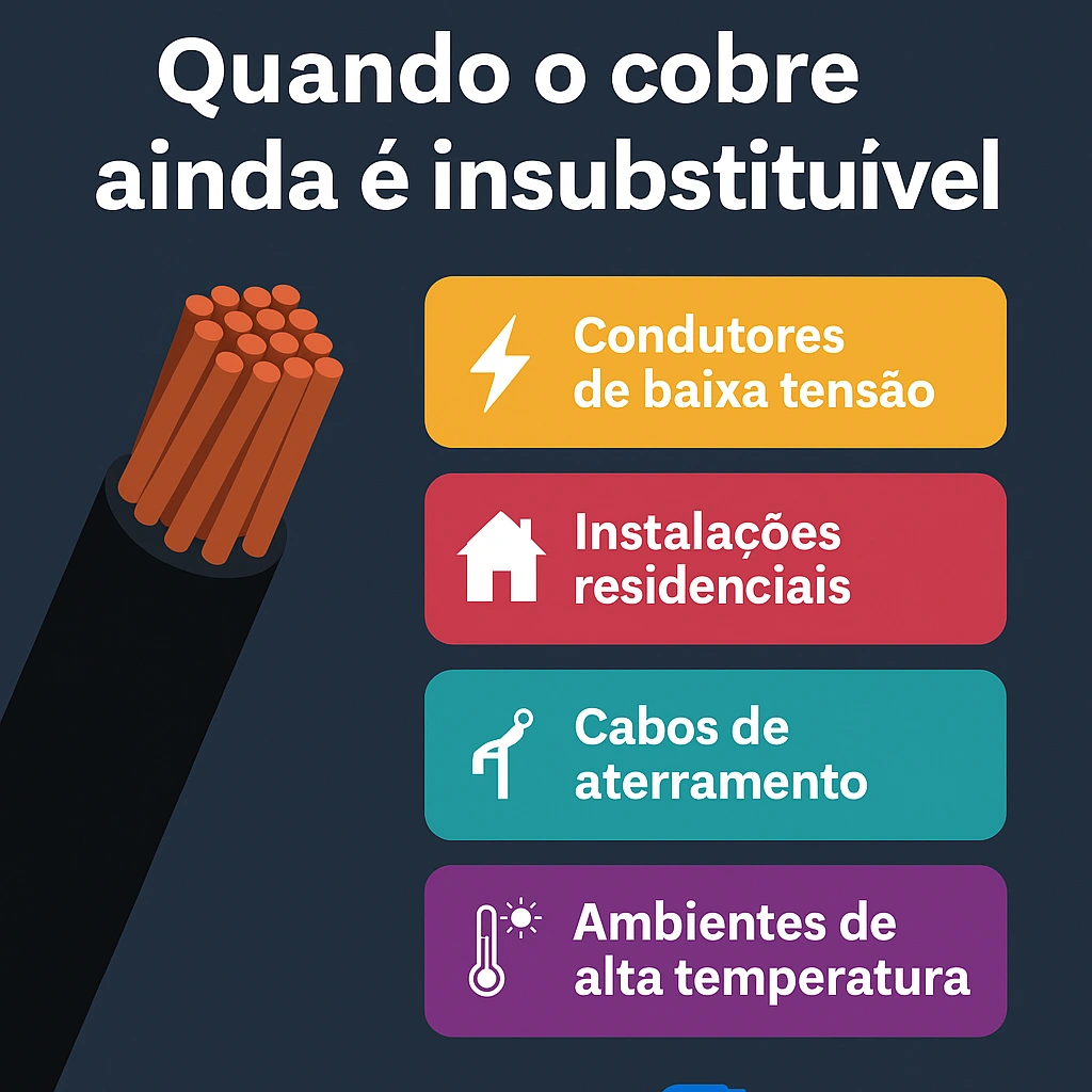 Infográfico destacando aplicações onde o cobre ainda é insubstituível