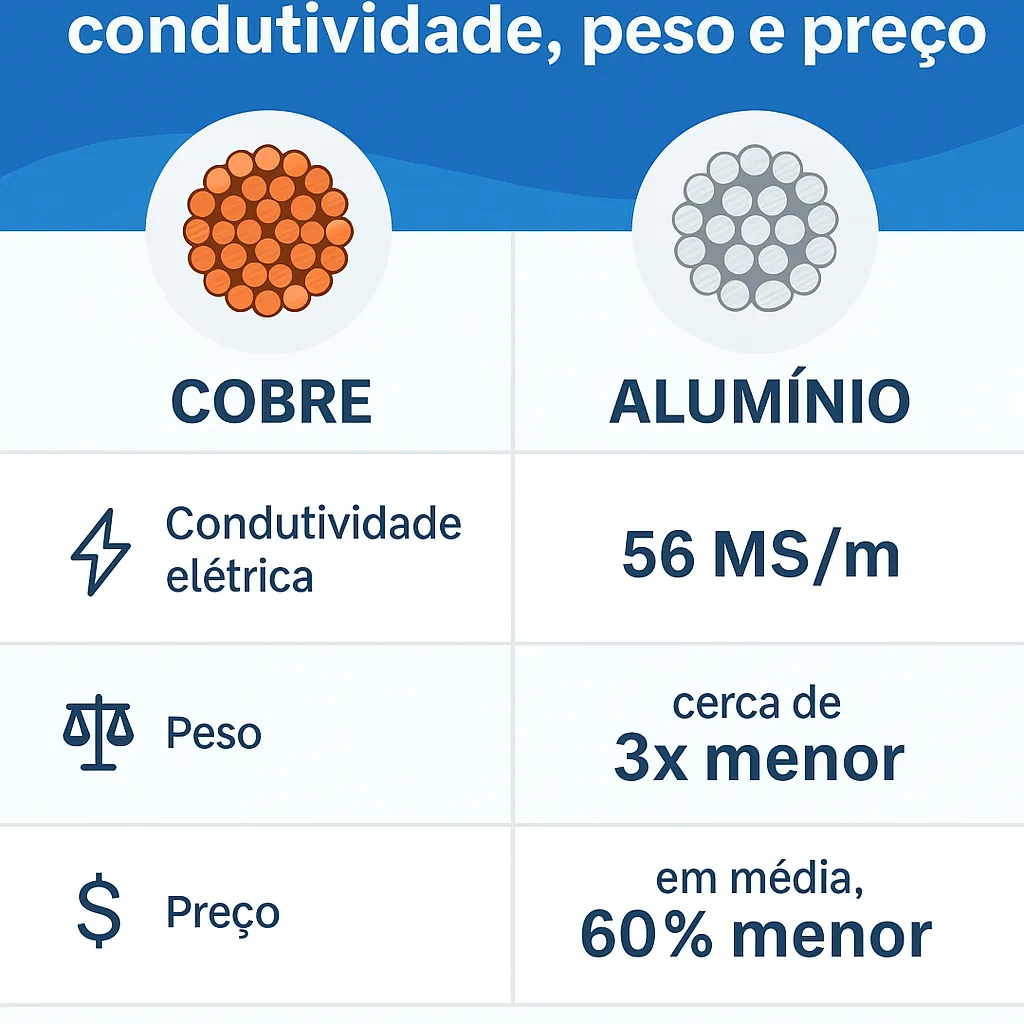 Infográfico técnico comparando cobre e alumínio em condutividade elétrica, peso e preço.