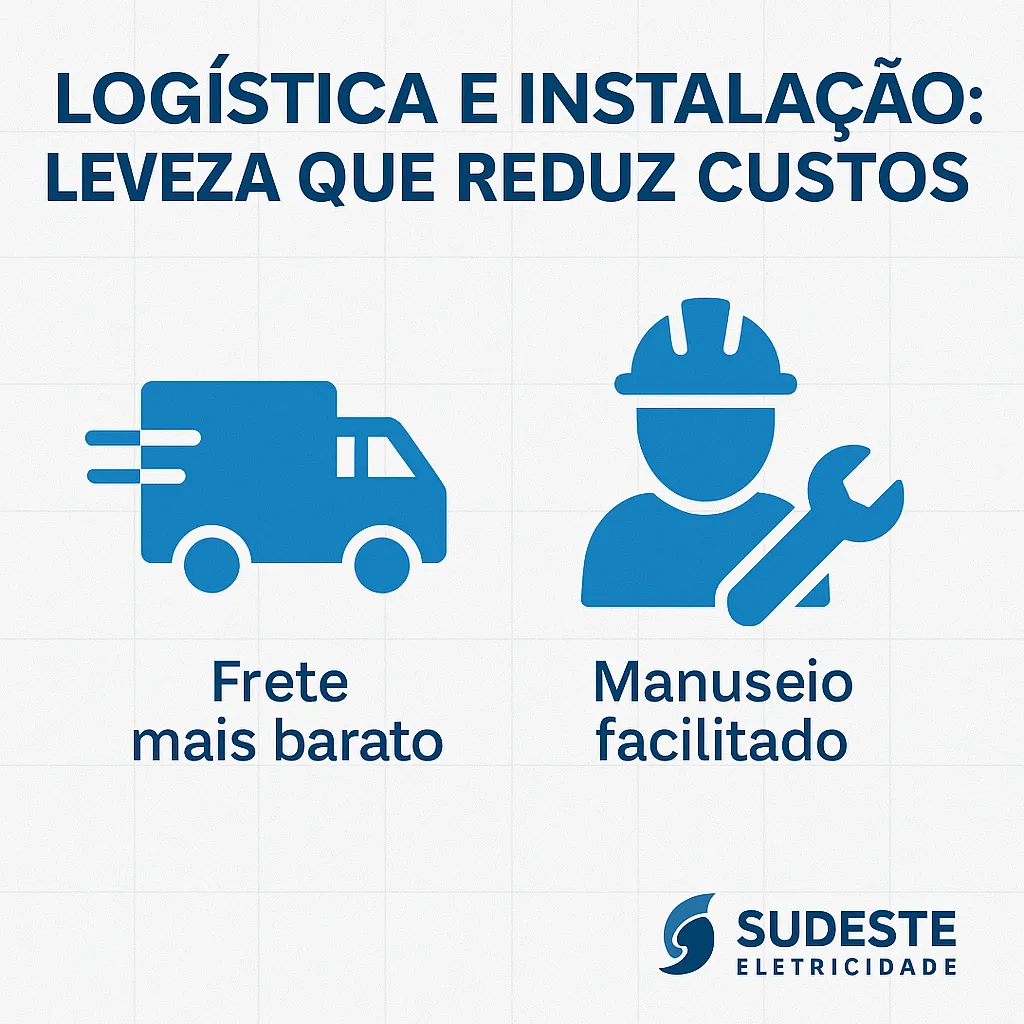 Infográfico sobre logística e instalação de cabos de alumínio, com foco em leveza, frete reduzido e manuseio facilitado.