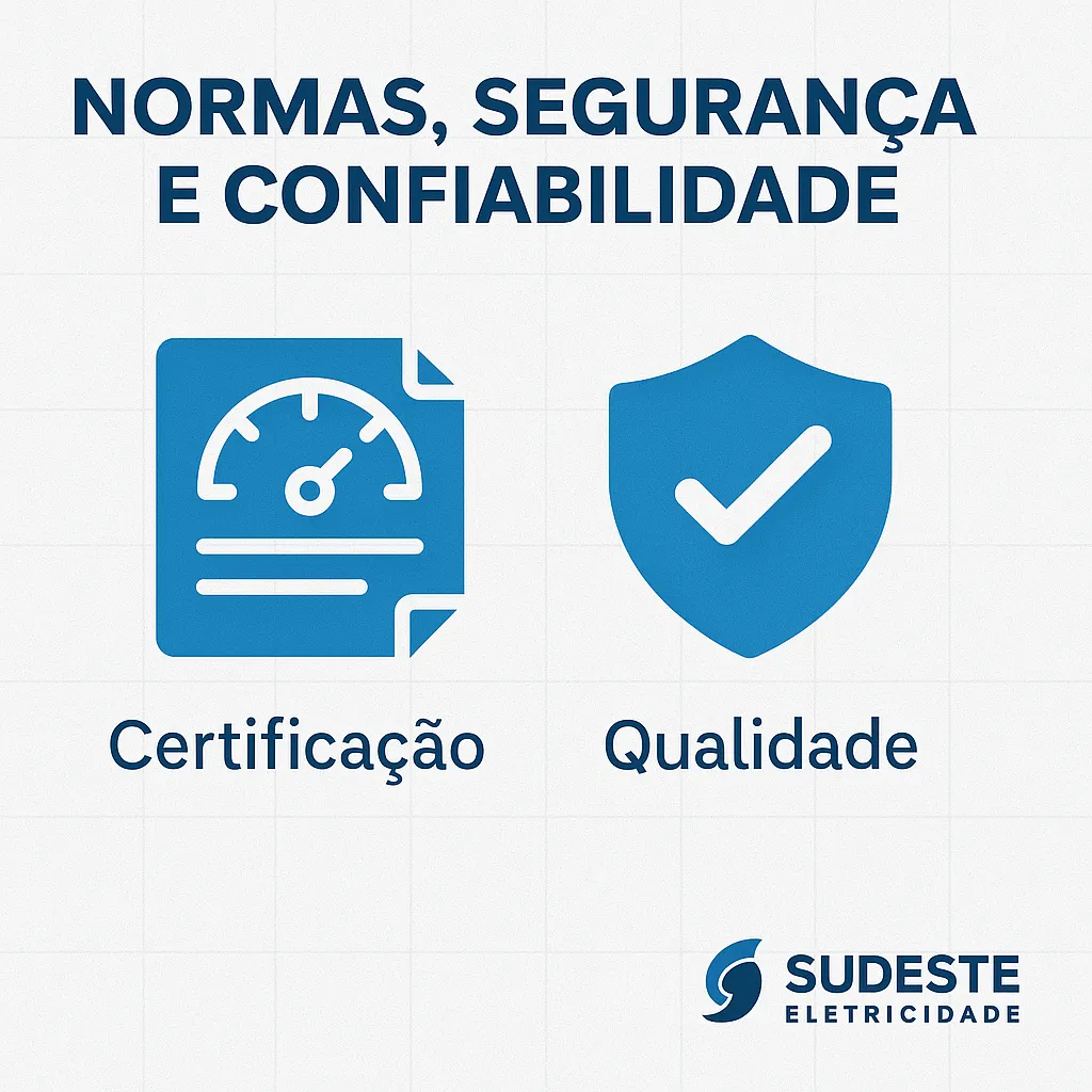 Infográfico técnico sobre normas, segurança e confiabilidade dos cabos de alumínio, com foco em certificação e qualidade.