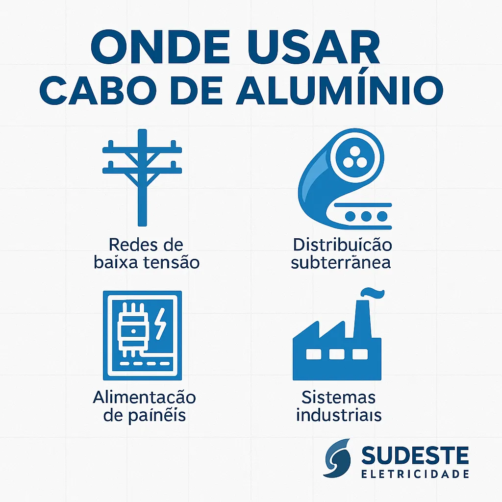 Infográfico Sudeste Eletricidade mostra onde usar cabo de alumínio: redes de baixa tensão, distribuição subterrânea, painéis e sistemas industriais.