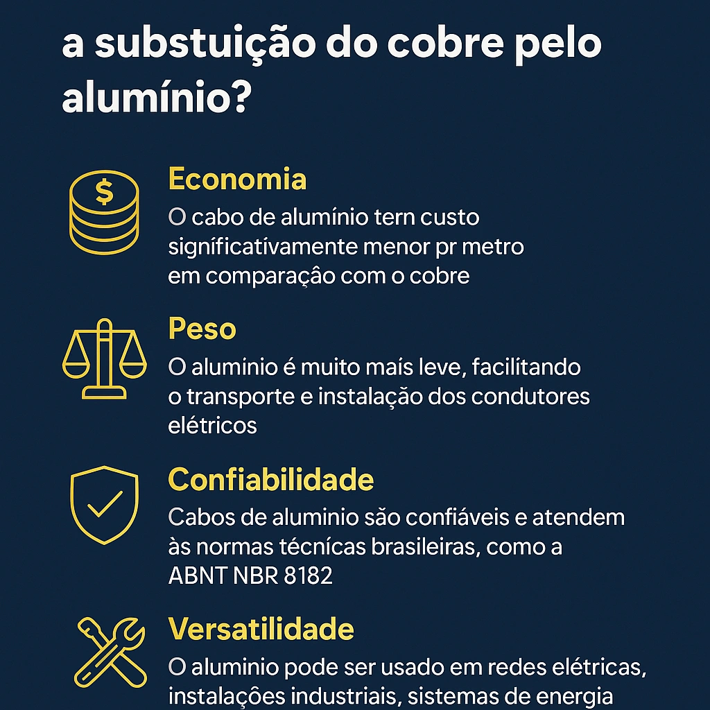 Infográfico com vantagens da substituição do cobre pelo alumínio em aplicações elétricas